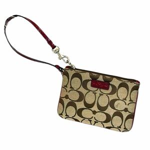 Coach Signature C Wristlet Brown Canvas Red Patent Leather Small Zip Pouch